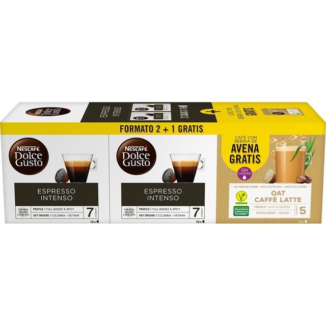 Comprar Pack 2 envases 16 cápsulas + estuche café con bebida de avena de 12  cápsulas gratis NESCAFE DOLCE GUSTO café espresso intenso · Hipercor