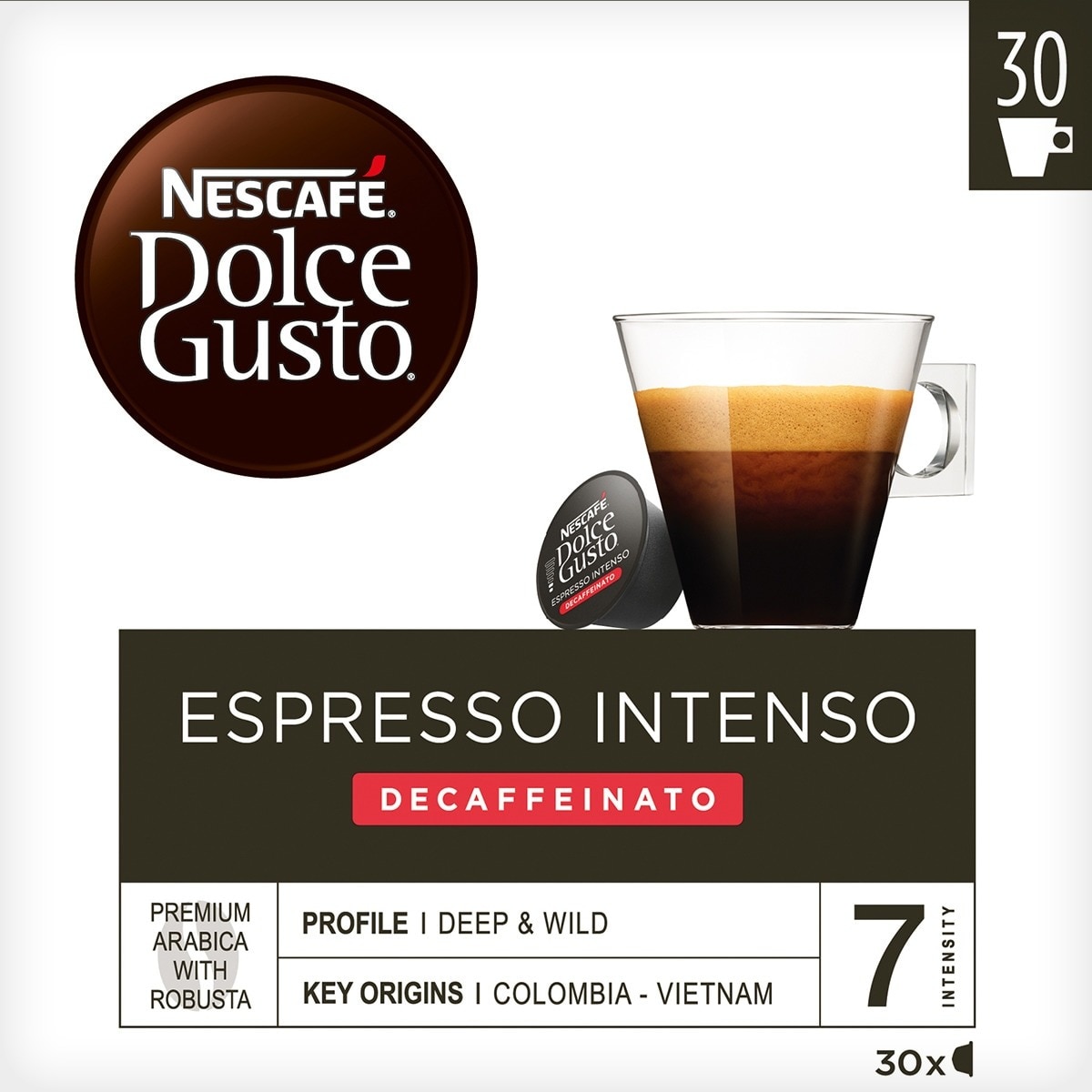 Nescafé Dolce Gusto - Estuche 30 Cápsulas Nescafe Dolce Gusto Café Espresso Descafeinado Intenso Premium Arábica Y Robusta De Colombia Y Vietnam Intensidad 7