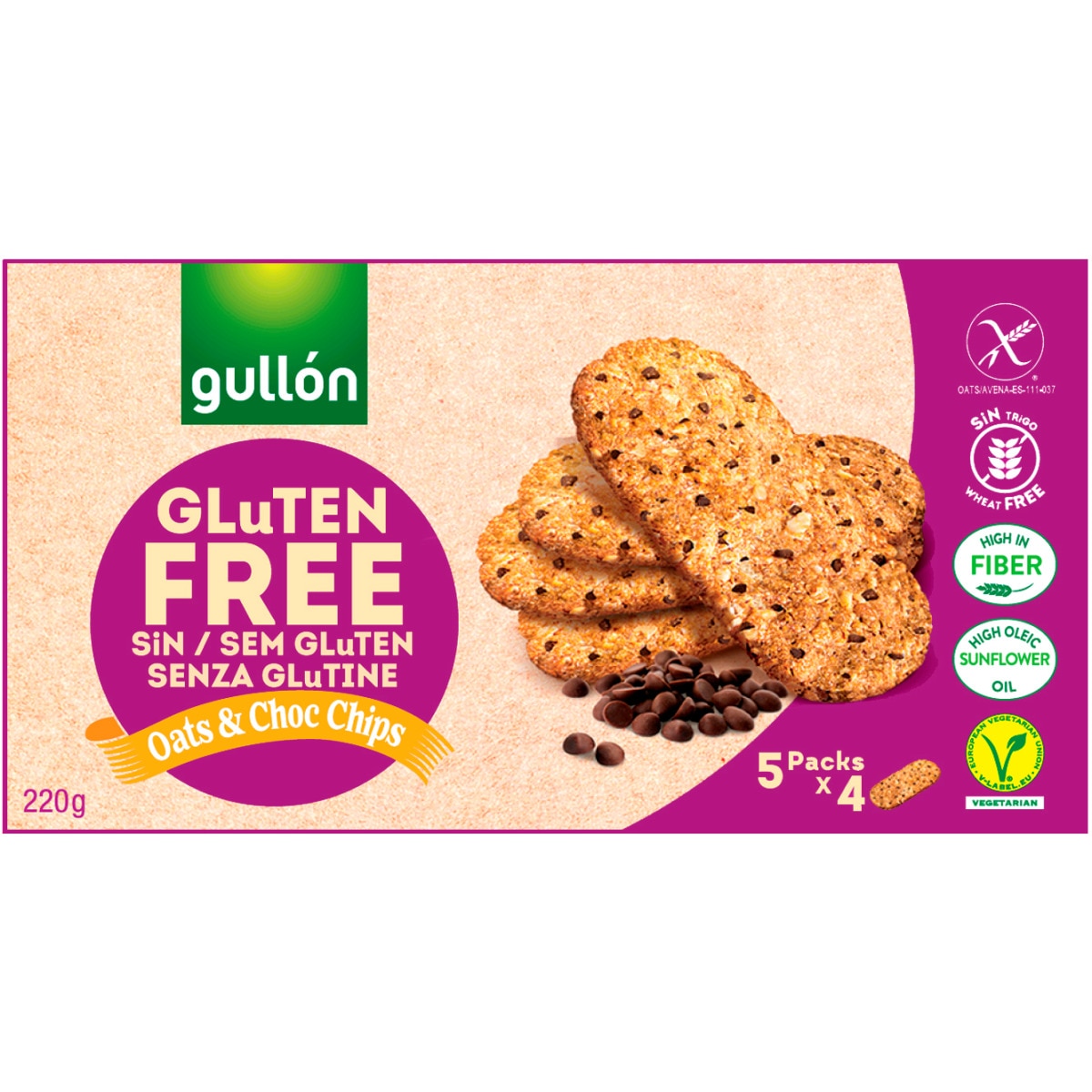 Bolachas de Aveia Choco Chips Vegetarianas sem Glúten Pack 5 embalagem 220 g