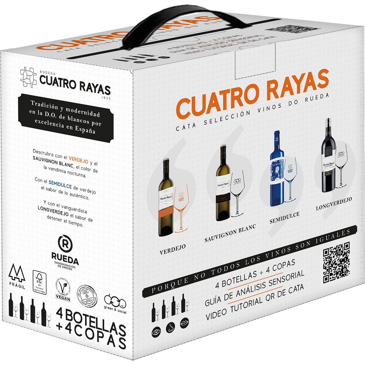 vino blanco selección DO Rueda caja 4 botellas 75 cl + 4 copas