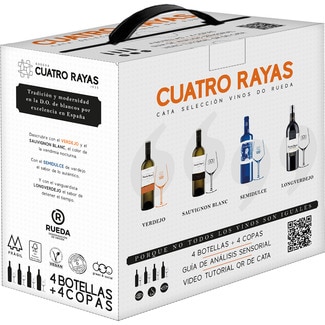 vino blanco selección DO Rueda caja 4 botellas 75 cl + 4 copas - Cuatro Rayas