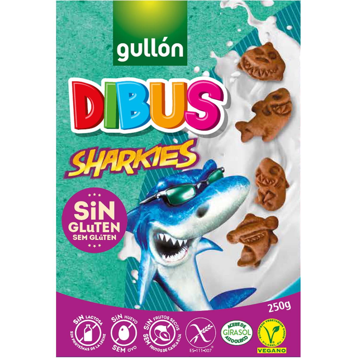 Bolachas Sharkies Dibus Vegan sem Lactose sem Glúten embalagem 200 g
