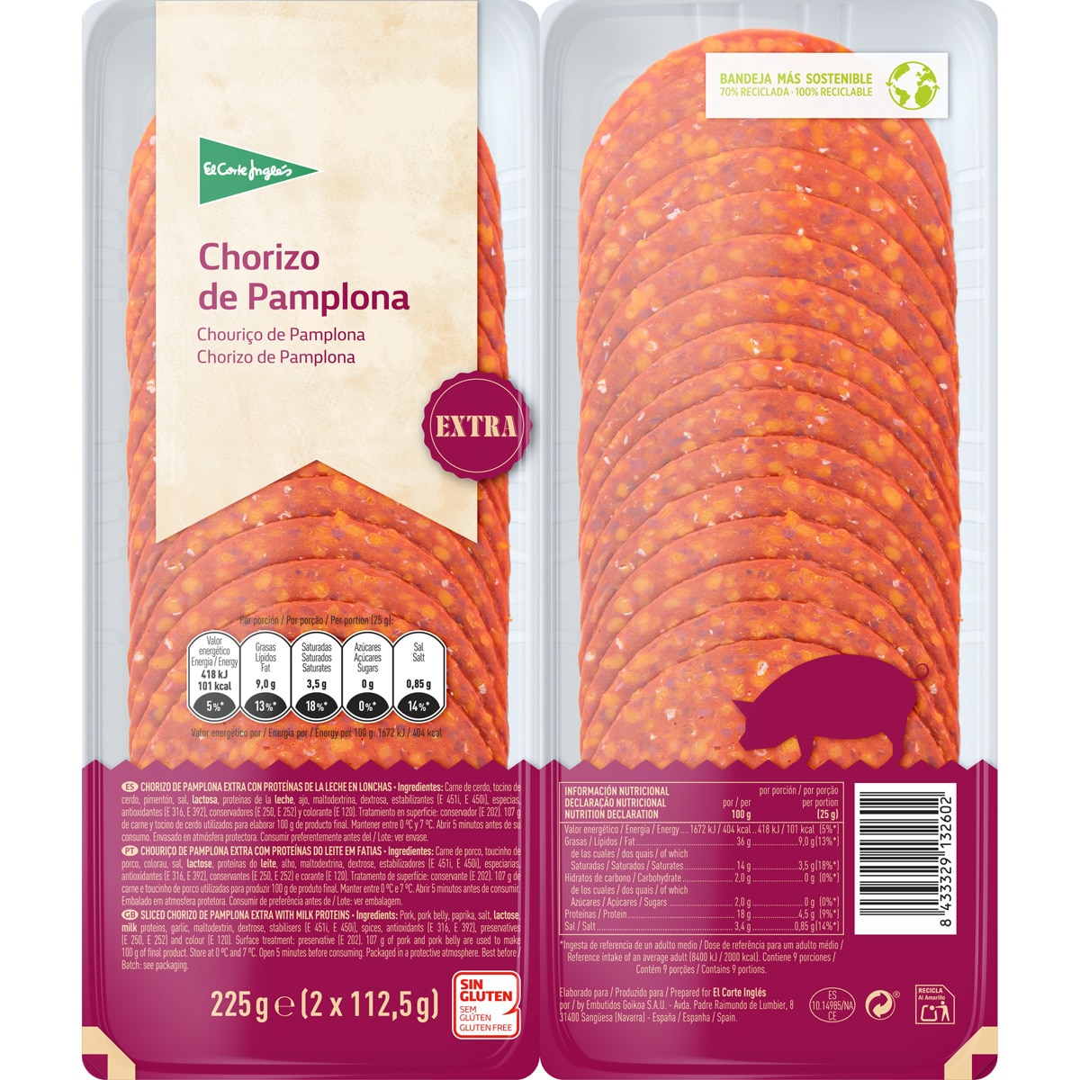 chorizo de Pamplona extra en lonchas sin gluten pack 2 x 112,5 g envase 225 g