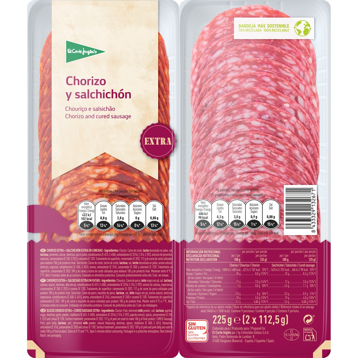 chorizo y salchichón extra en lonchas sin gluten pack 2 x 112,5 g envase 225 g