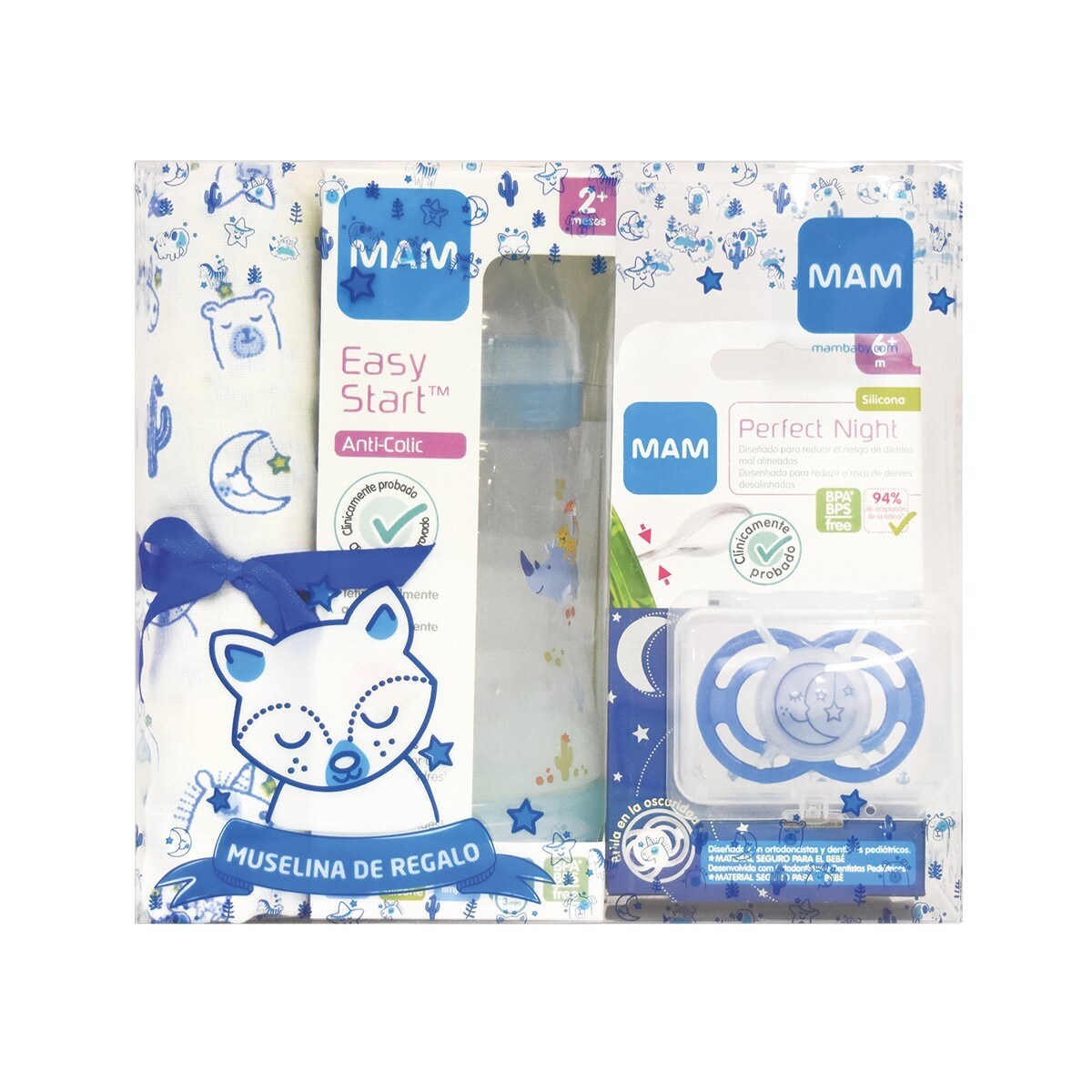 Kit Azul: Biberão Easy Start Anti-Colic 260Ml + Chupeta Perfect Night (6+) + Fralda Pano 1
