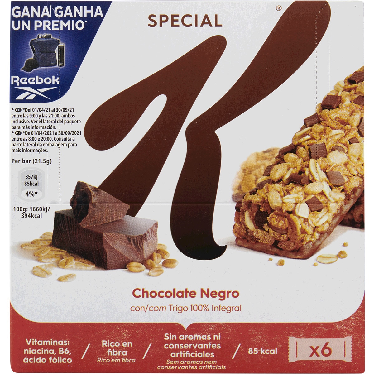 Barras de Cereais com Chocolate Preto Pack 6 embalagem 21,5 g