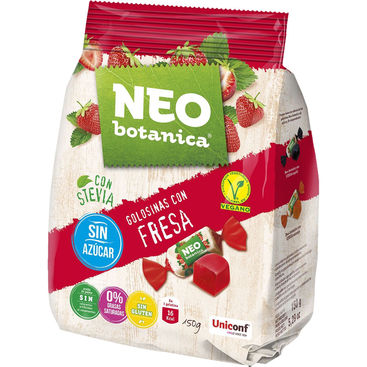 golosinas con fresa sin azúcar, con stevia y sin gluten envase 150 g