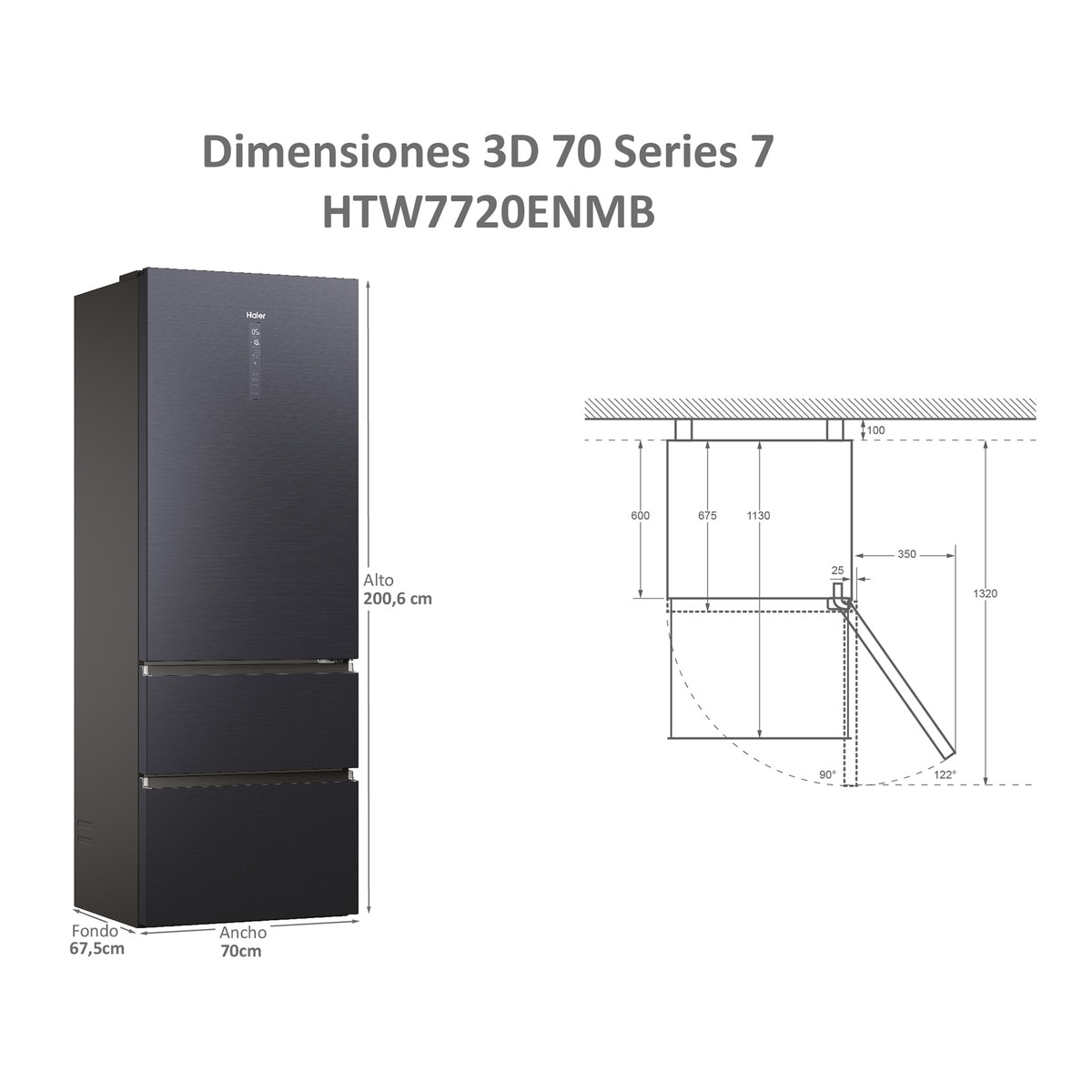 Frigorífico combi Haier Wifi, Total No Frost, 70 cm de ancho 3D 70 Series 7 - HTW7720ENMB Grafito-3