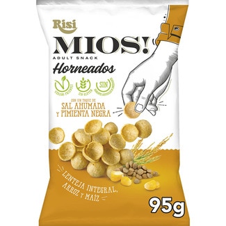 chips de lenteja, arroz y maíz con un toque de sal ahumada y pimienta negra Sin Gluten bolsa 95 g - Risi Mios!