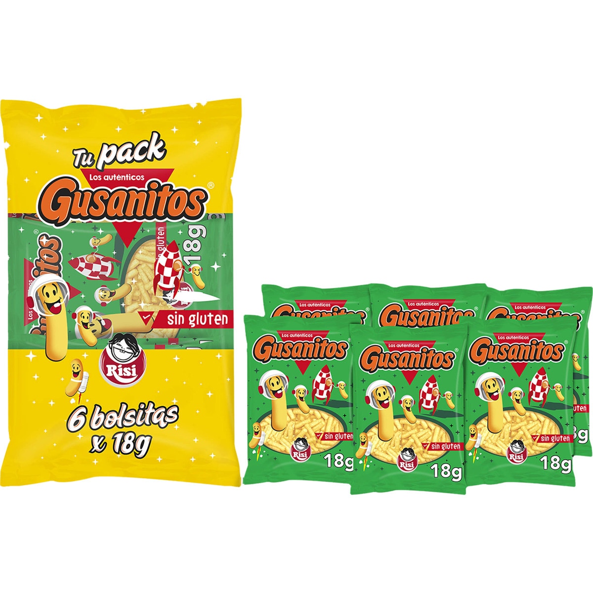 Gusanitos snacks de maíz Sin Gluten pack 6x18 g bolsa 108 g