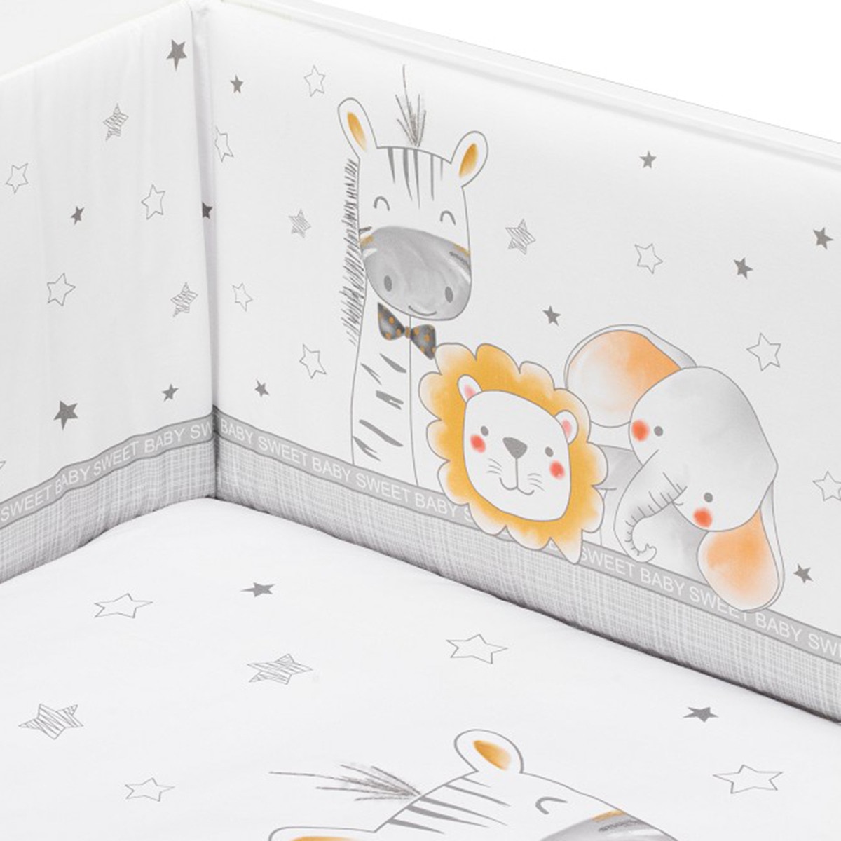 Cuna Interbaby Lovely Premium + Juego textil 2 piezas Protector de Cuna y Funda Nórdica desenfundable Animales gris/blanco Gris / Blanco-5