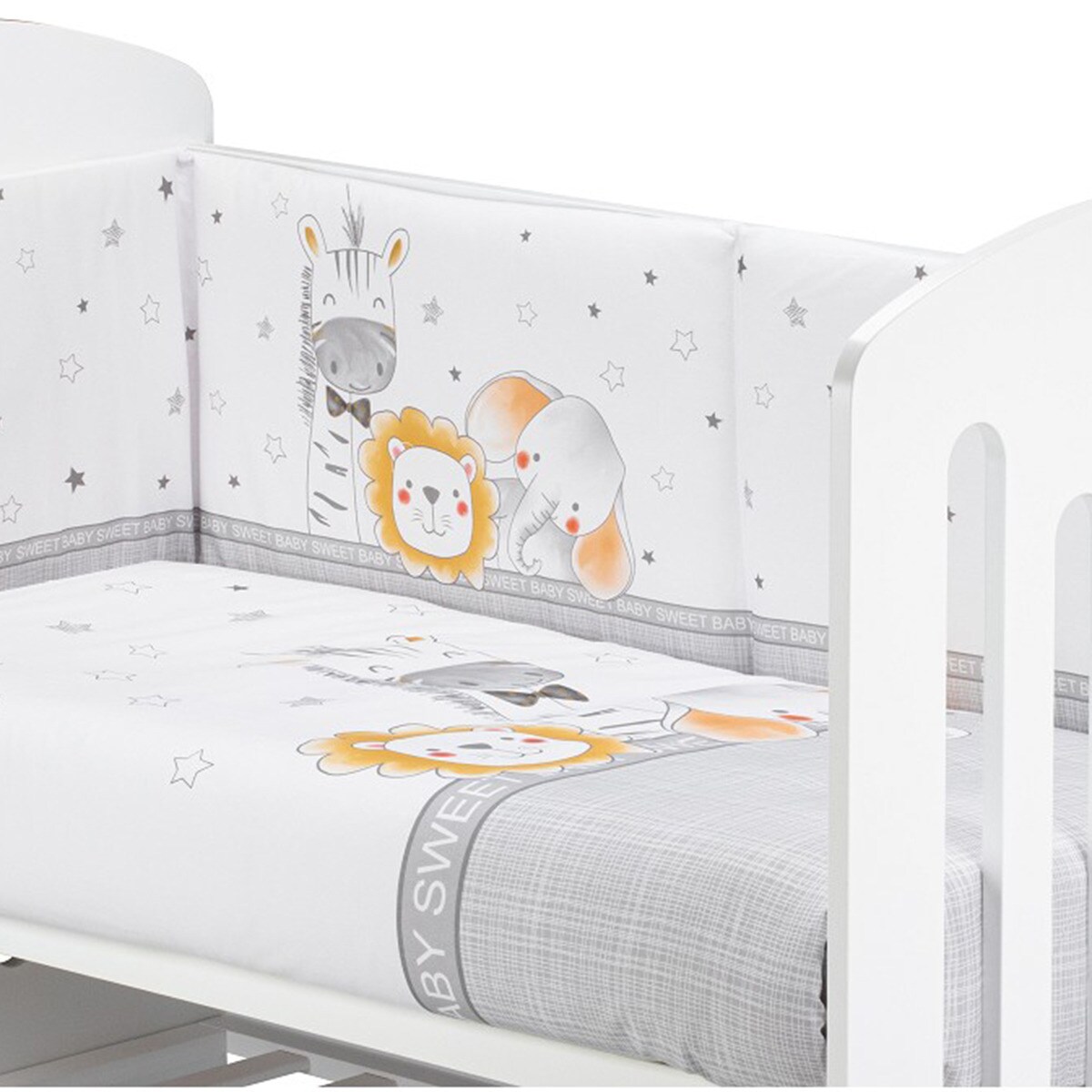 Cuna Interbaby Lovely Premium + Juego textil 2 piezas Protector de Cuna y Funda Nórdica desenfundable Animales gris/blanco Gris / Blanco-2