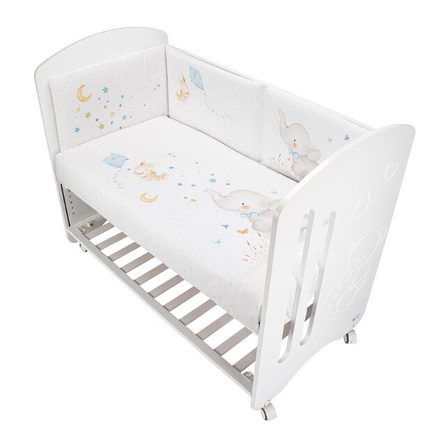 Imagen 0 de Cuna Interbaby Lovely Premium + Juego textil 2 piezas Protector de Cuna y Funda Nórdica desenfundable Elefante azul/blanco