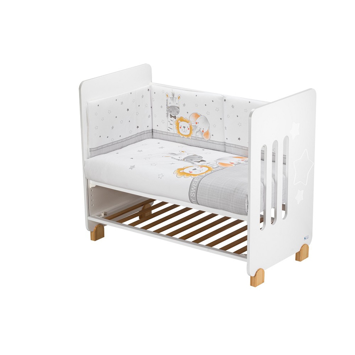 Cuna Interaby Star Nature + Juego textil 2 piezas Protector de Cuna y Funda Nórdica desenfundable Animales blanco/gris Blanco / Gris-4