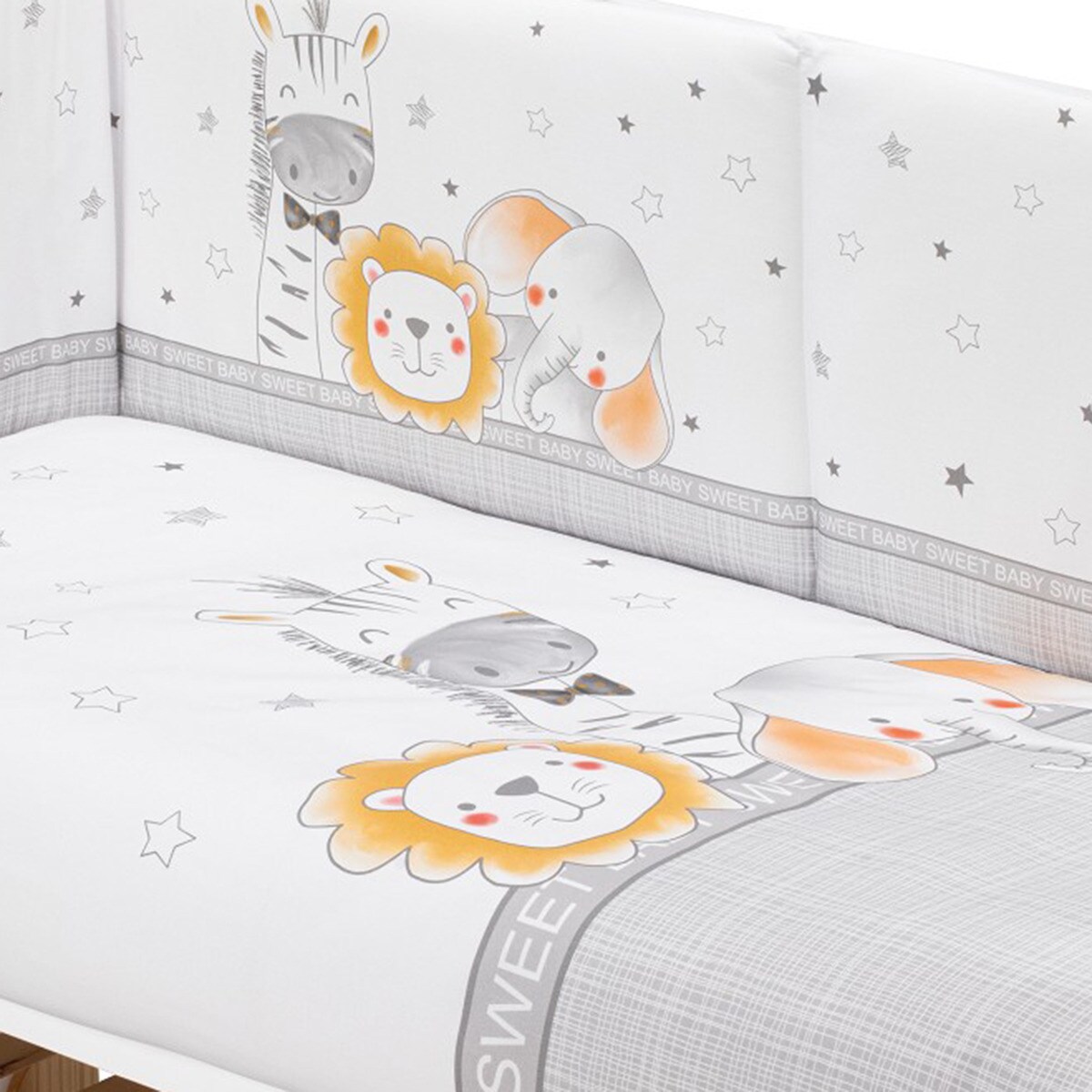 Cuna Interaby Star Nature + Juego textil 2 piezas Protector de Cuna y Funda Nórdica desenfundable Animales blanco/gris Blanco / Gris-3