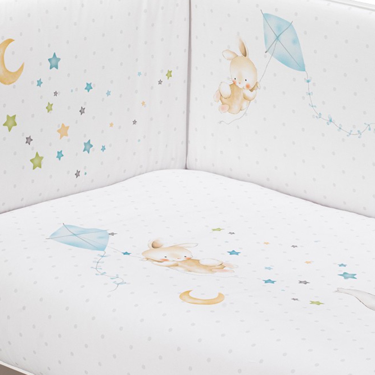 Cuna Interaby Star Nature + Juego textil 2 piezas Protector de Cuna y Funda Nórdica desenfundable Elefante blanco/azul Blanco / Azul-5