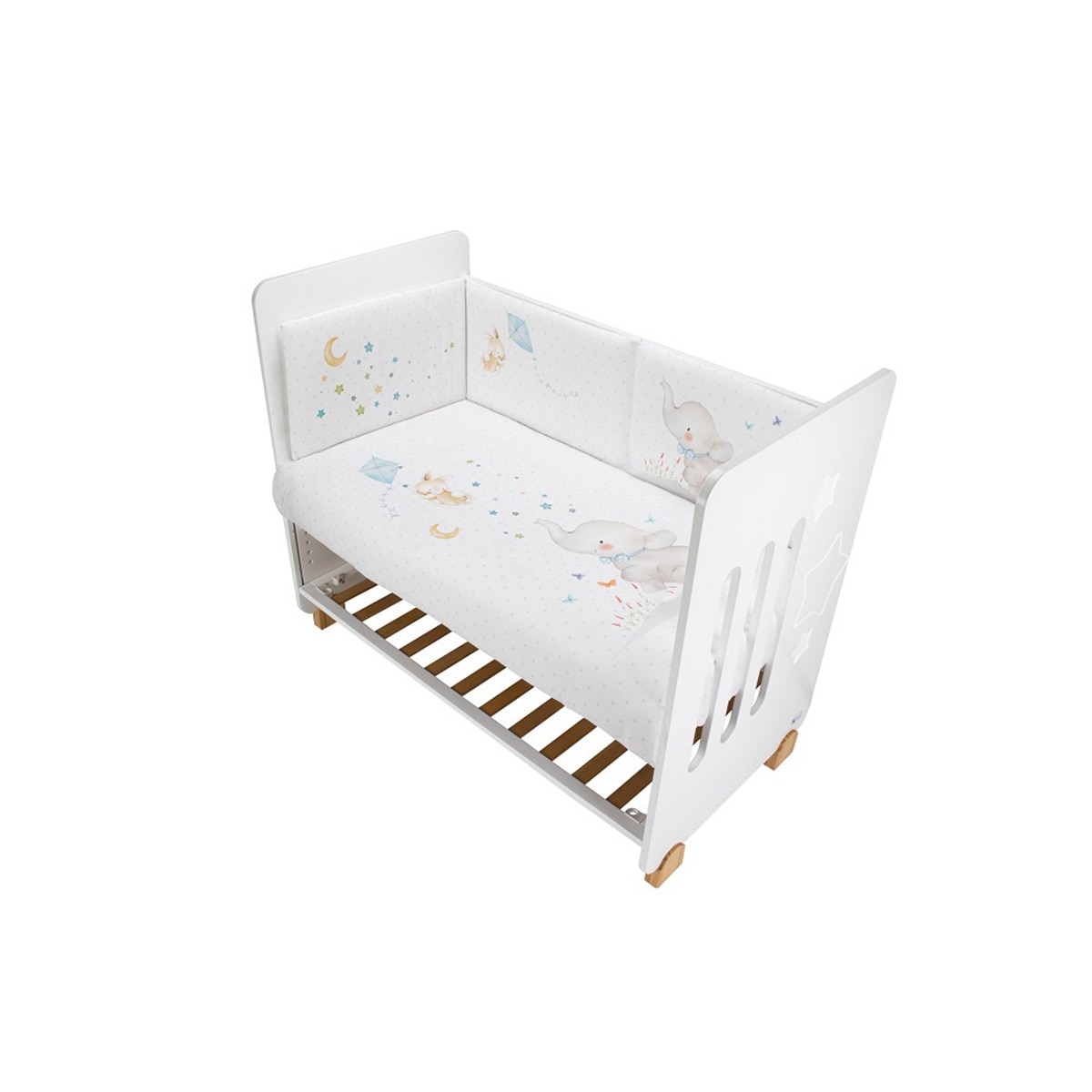 Cuna Interaby Star Nature + Juego textil 2 piezas Protector de Cuna y Funda Nórdica desenfundable Elefante blanco/azul Blanco / Azul-4