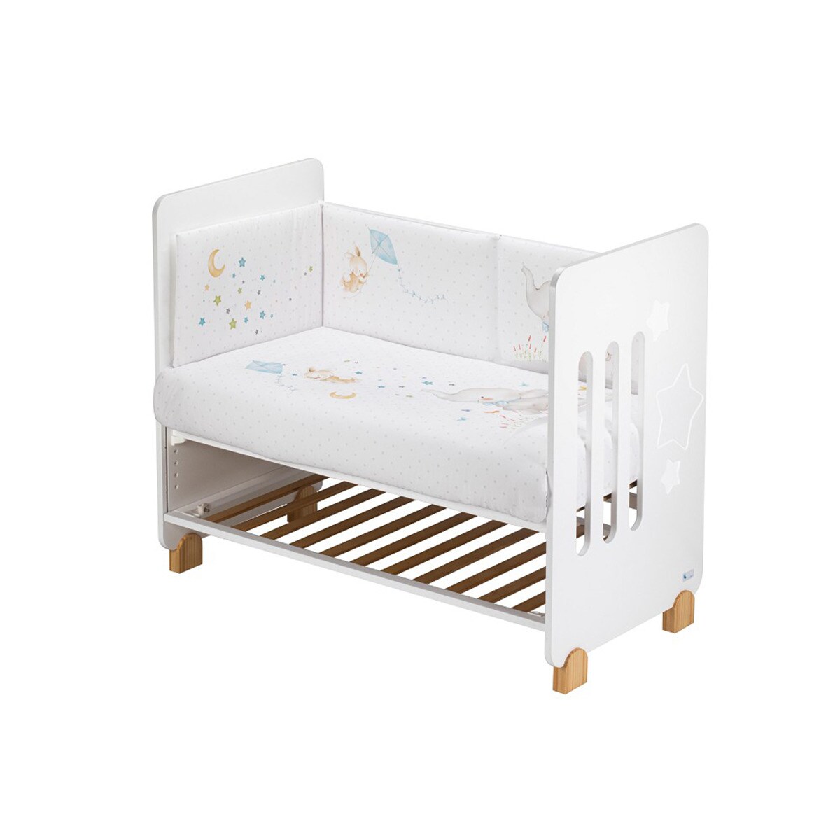 Cuna Interaby Star Nature + Juego textil 2 piezas Protector de Cuna y Funda Nórdica desenfundable Elefante blanco/azul Blanco / Azul-3