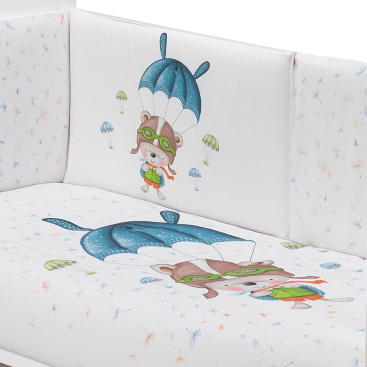Cuna Interaby Star Nature + Juego textil 2 piezas Protector de Cuna y Funda Nórdica desenfundable Paracaidista blanco/azul Blanco / Azul-4