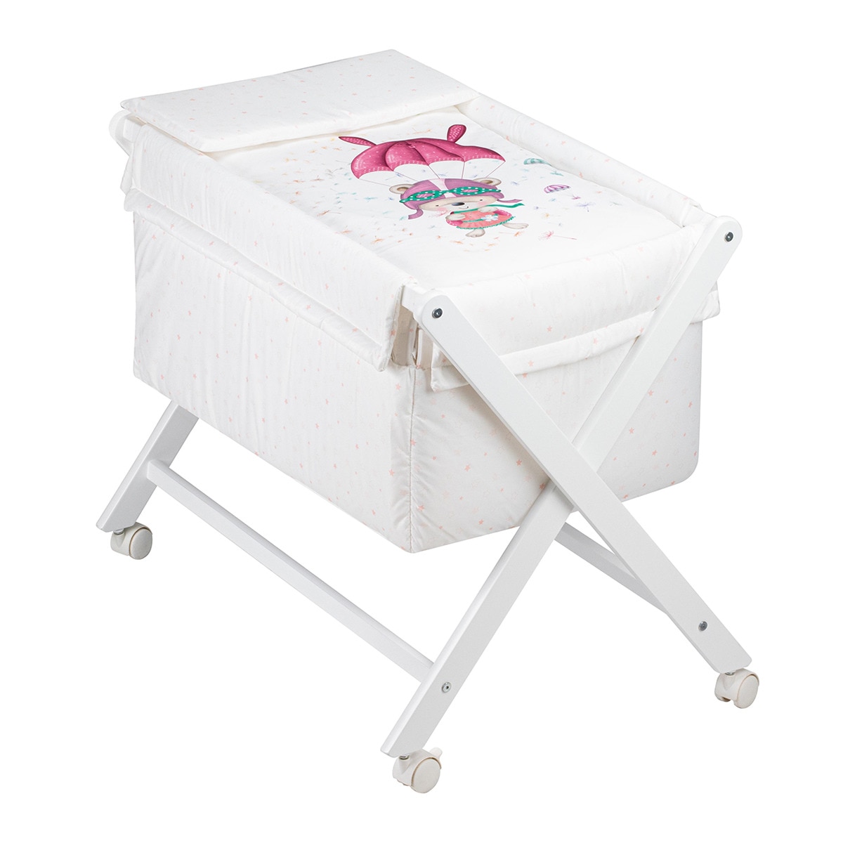 Imagen 0 de Minicuna de tijera (55 x 90 cm.) Interbaby de madera con textil Paracaidista blanco/rosa