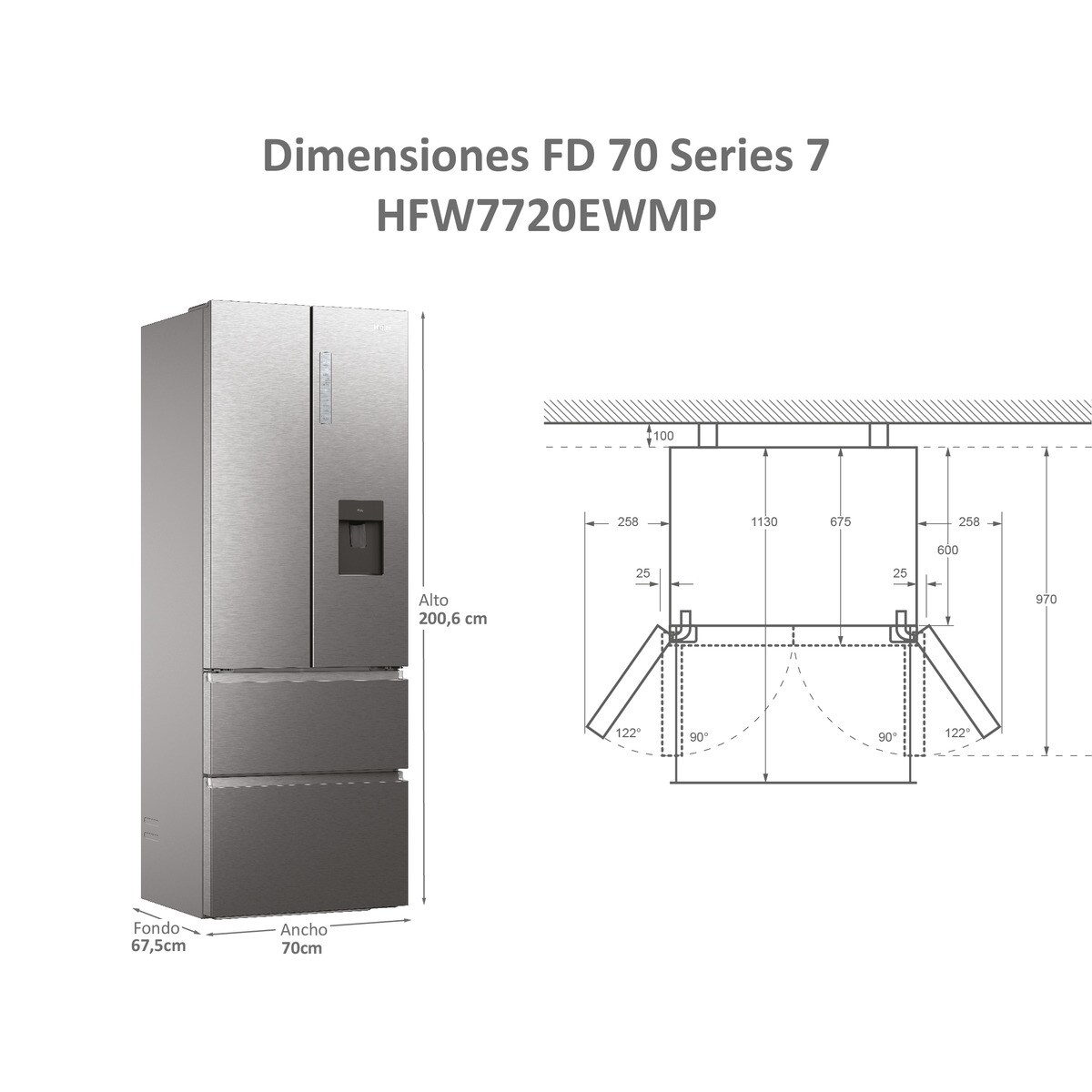 Frigorífico Americano Haier FD 70 Series 7 HFW7720EWMP de 4 Portas, No Frost, Wifi, com Dispensador e de 200,6 cm - Cinzento Inox-3