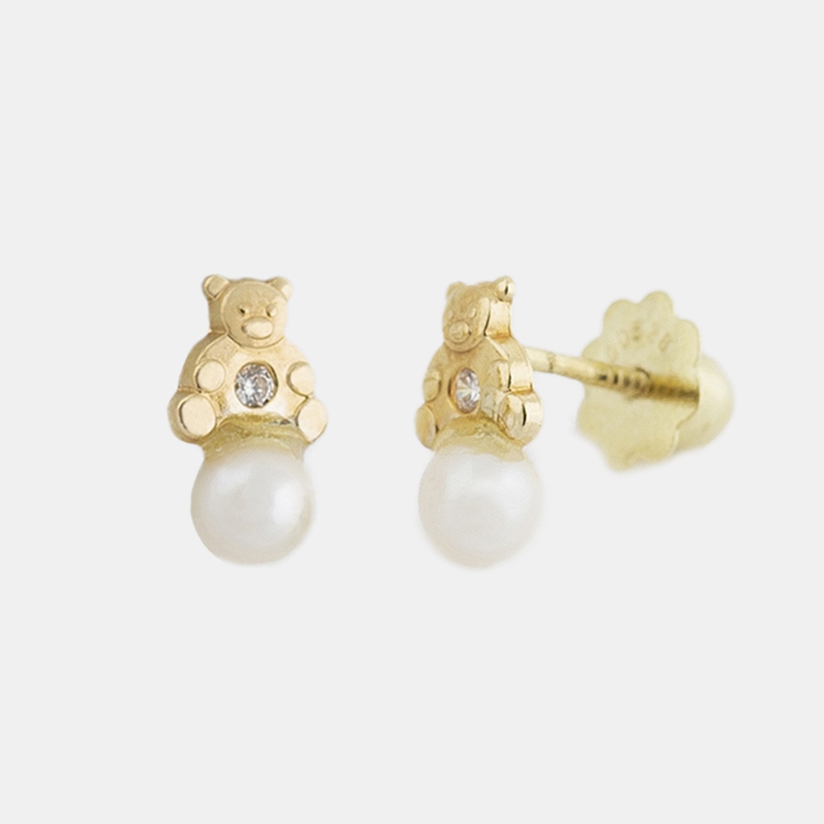 Pendientes de niña de oro con circonita y perla Blanco-1