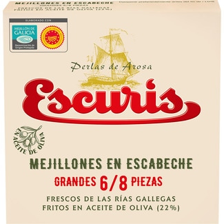 mejillones en escabeche DOP mejillón de Galicia 6-8 piezas lata 70 g neto escurrido - Escuris