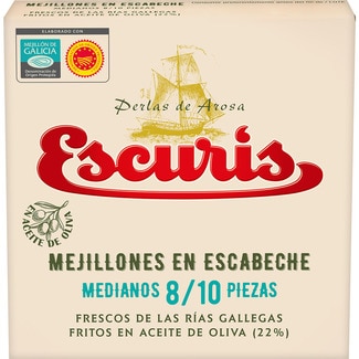 mejillones en escabeche DOP mejillón de Galicia medianos 8-10 piezas lata 70 g neto escurrido - Escuris