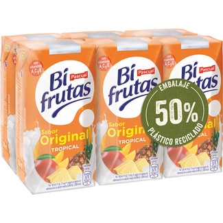 bebida de zumo de frutas Tropical con leche desnatada a partir de concentrado pack 6 briks 200 ml - Pascual Bi Frutas