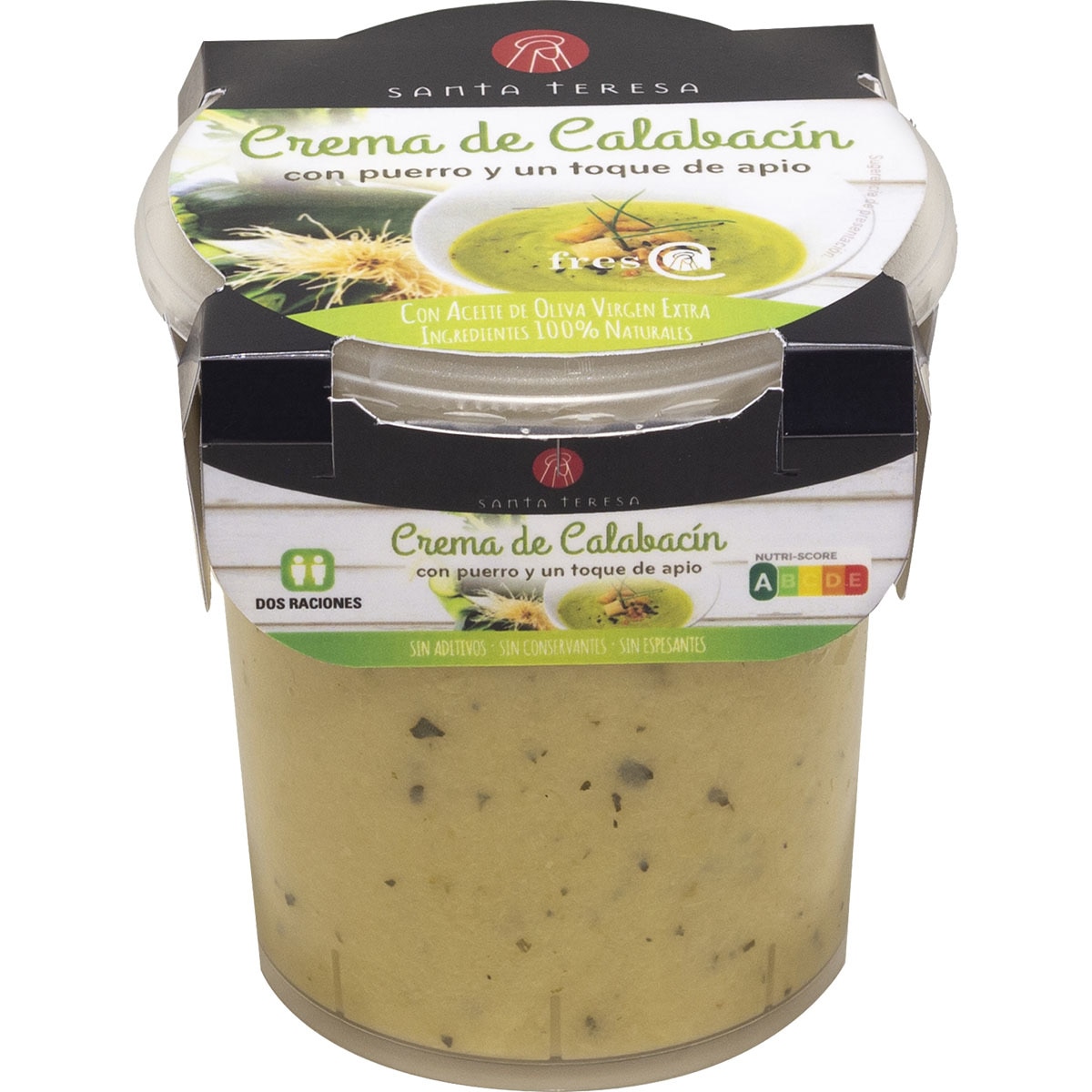 crema de calabacín con puerro y un toque de apio con AOVE 2 raciones vaso 400 ml sin gluten sin lactosa