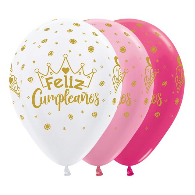 Imagen 0 de Pack de 12 Globos Latex Surt Satin Feliz Cumple Coronas 30Cm Liragram