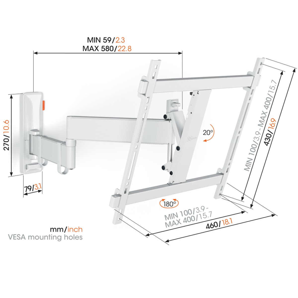 Suporte de Parede Giratorio de 180º Para TV Vogel's TVM 3445 de 32" a 65" até 25 Kg Branco-6