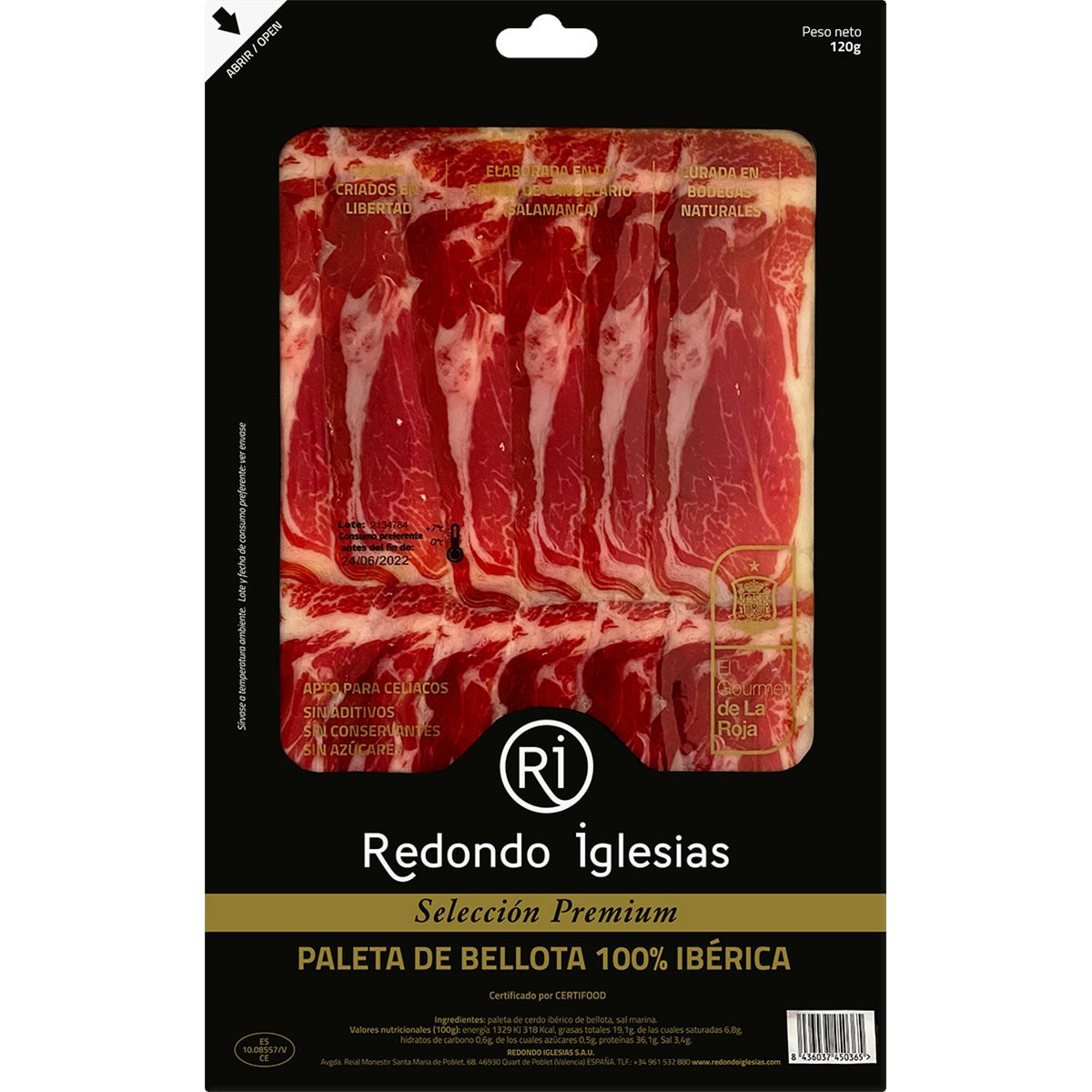 Selección Premium paleta de bellota 100% ibérica en lonchas sin gluten sin lactosa envase 120 g
