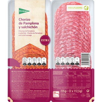 chorizo de Pamplona extra + salchichón extra en lonchas sin gluten pack 2 x 112,5 g envase 225 g - El Corte Ingles