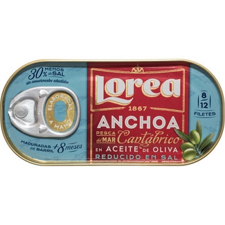 filetes de anchoa del Cantábrico en aceite de oliva 30% menos sal lata 30 g neto escurrido - Lorea