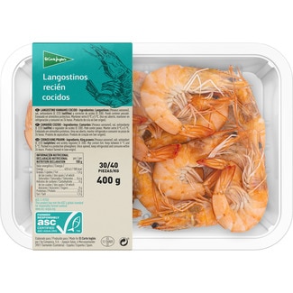 langostinos Vannamei ASC recién cocidos 30-40 piezas/kg bandeja 400 g - El Corte Ingles