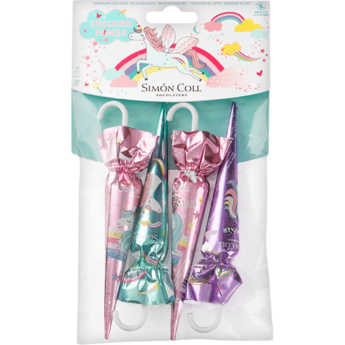 paraguas de chocolate con leche Unicornio pack 4 unidades envase 60 g