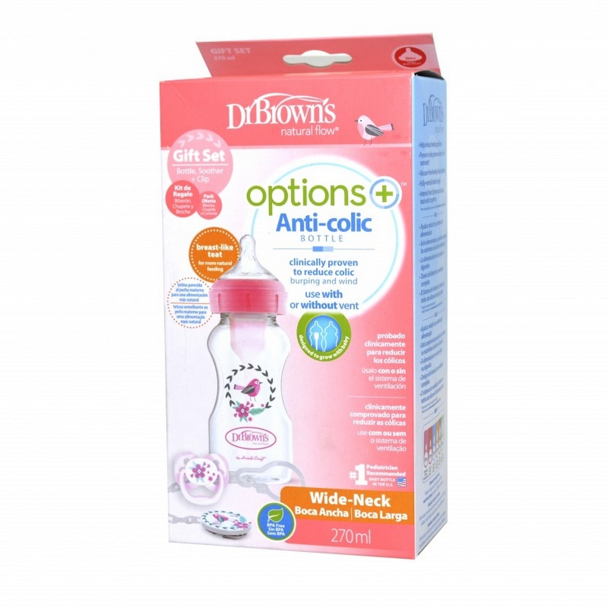 Imagem 0 de Natural Flow Kit Oferta Rosa 0-6M 1 biberão (270 ml) + 1 chupeta + clip chupeta Dr Brown's