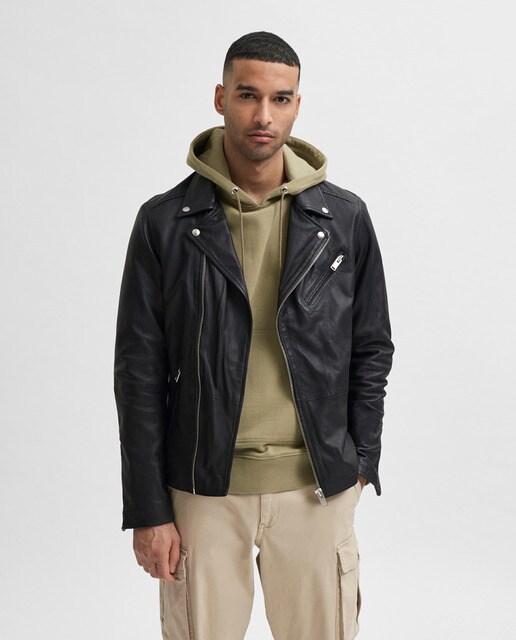 Cazadora biker de hombre negra de piel · Selected · El Corte Inglés