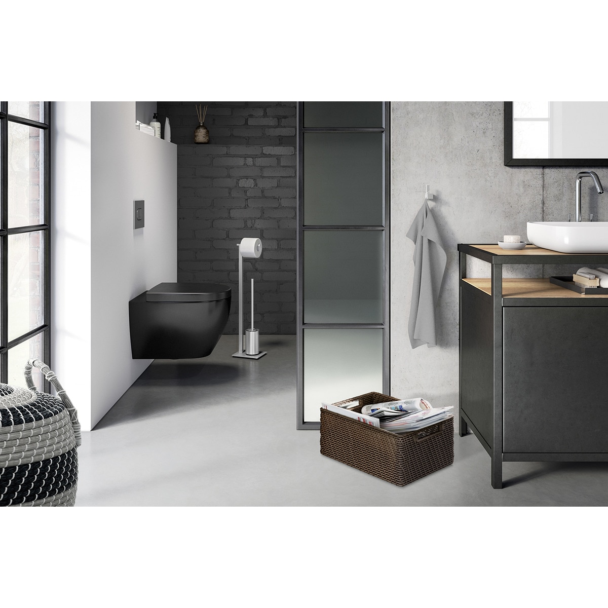 Porta-rolos de Pé com Piaçaba Carvo Aço fosco-3