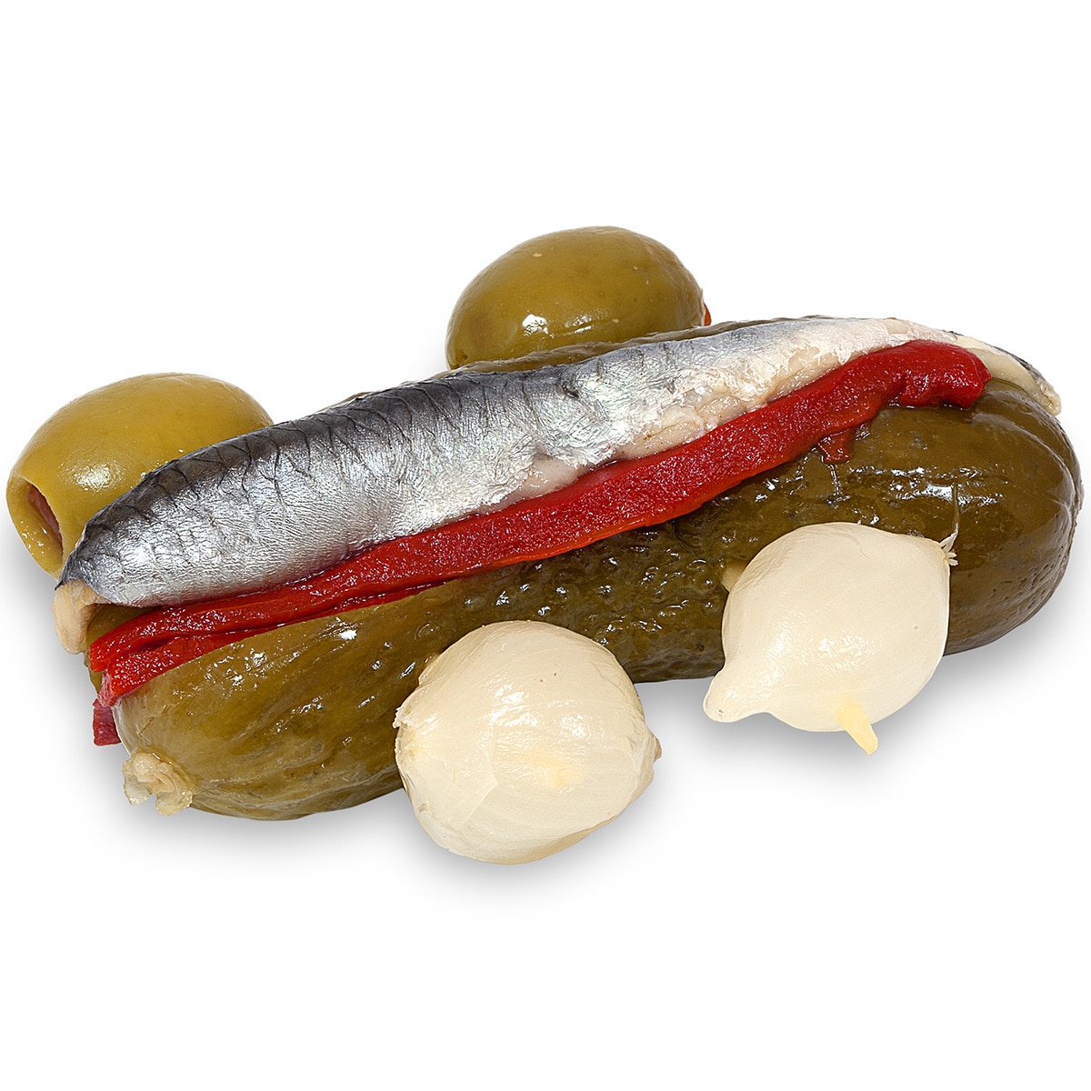 pinchos variedad Txalupa de aceitunas, pepinillos, cebollita, pimiento y boquerón
