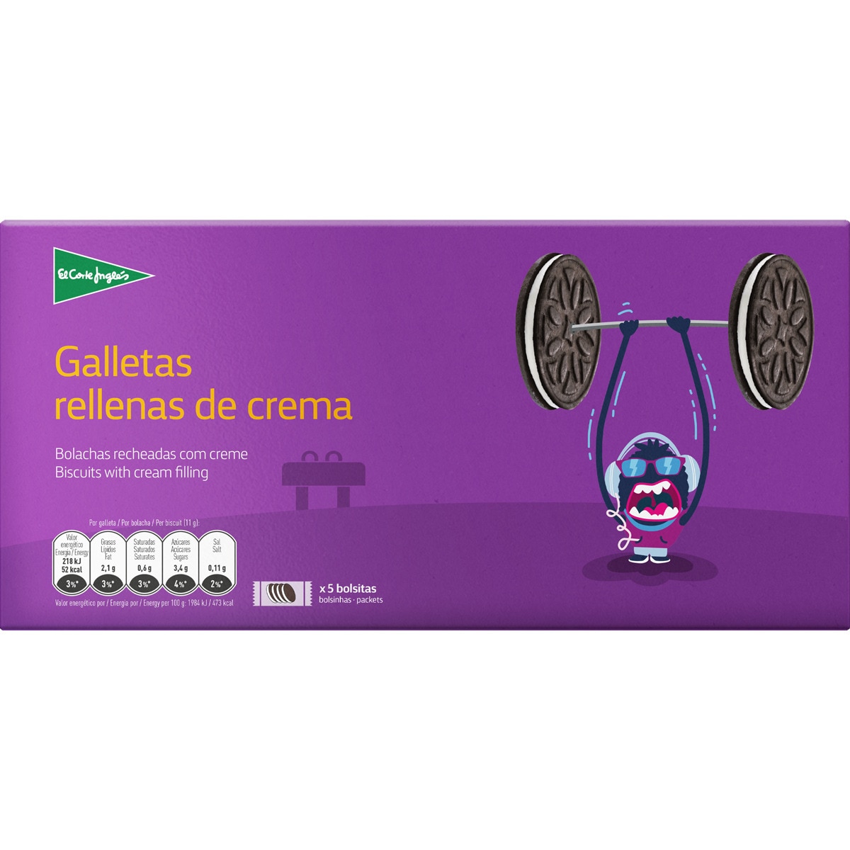 galletas rellenas de crema 5 bolsitas con 4 galletas estuche 220 g