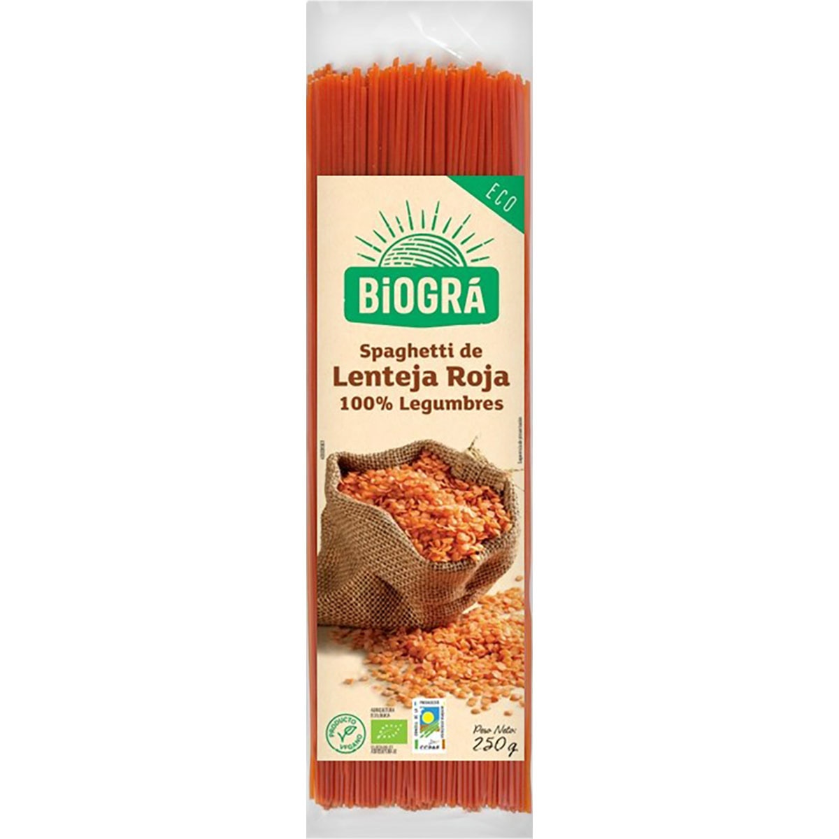 spaghetti de lenteja roja ecológicos 100% legumbres envase 250 g