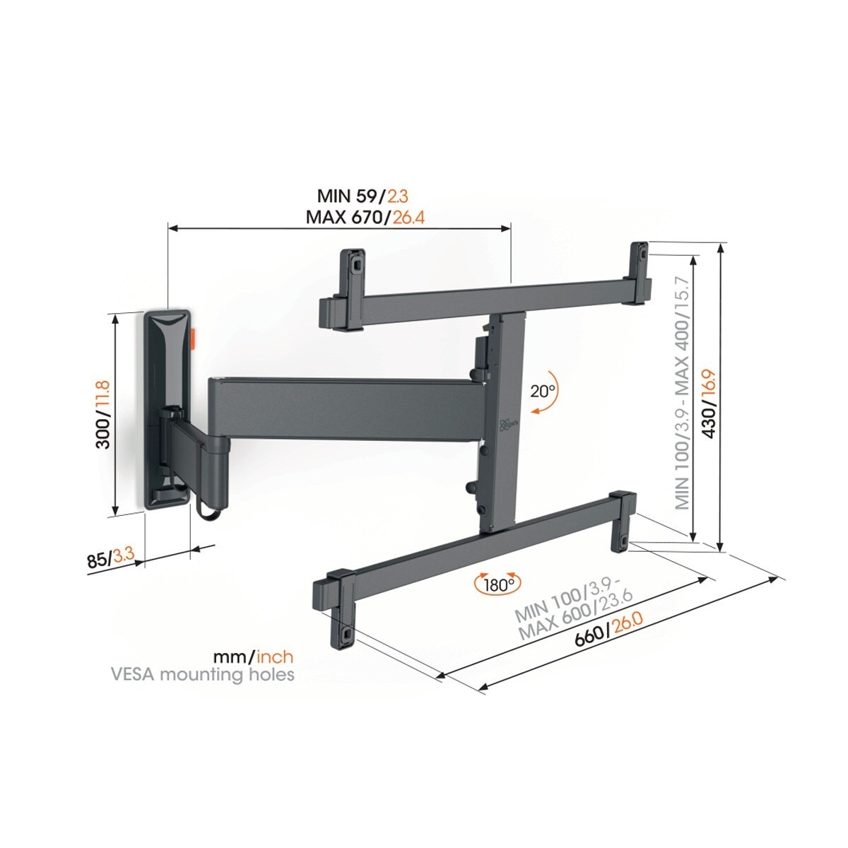 Suporte de Parede Giratório até 180º Vogel's TVM 3665 para TV OLED de 42" a 77" até 35 kg Preto-8