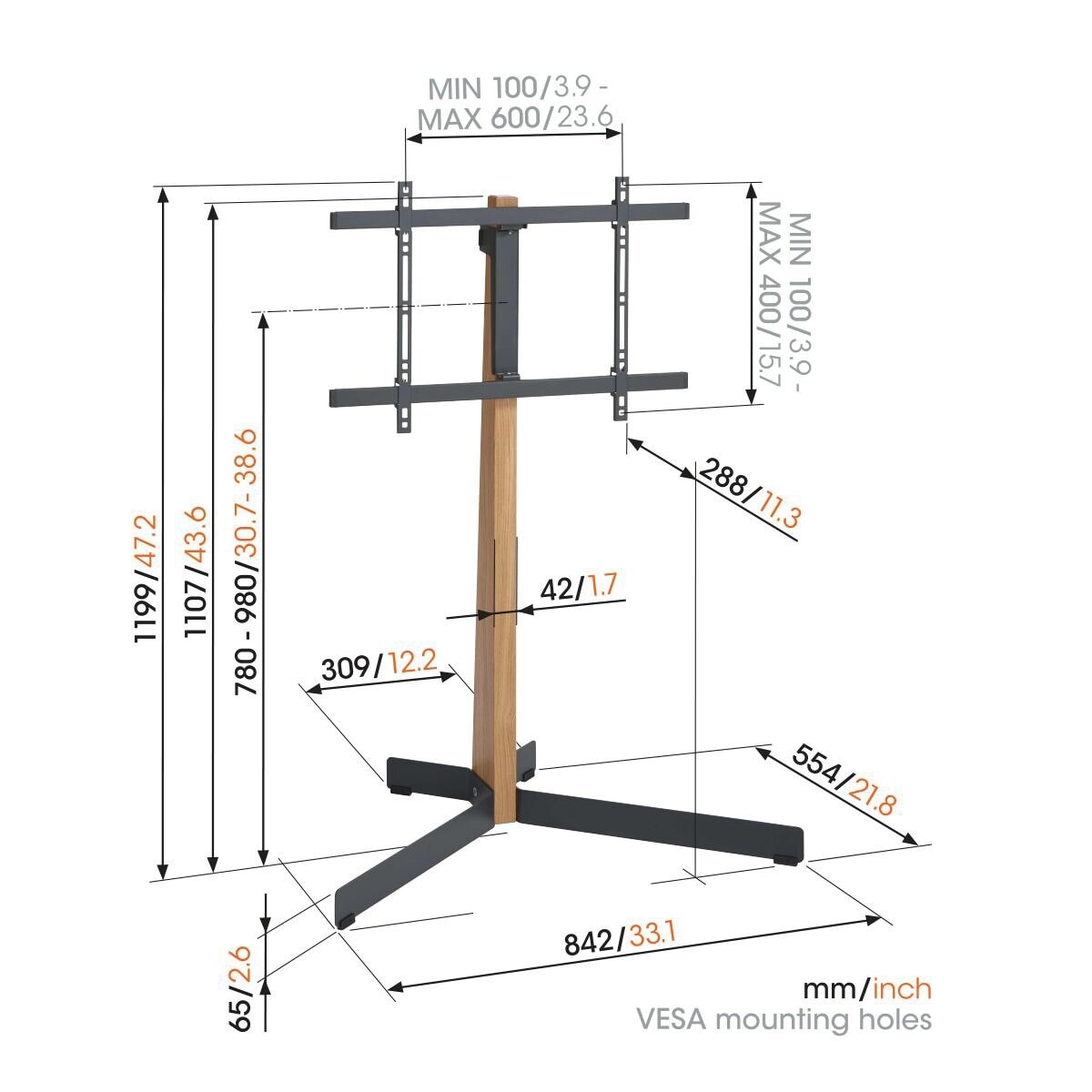 Suporte de Pé Giratório Vogel's TVS 3695 para TV de 40" a 77" até 50 kg Madeira/Preto-2