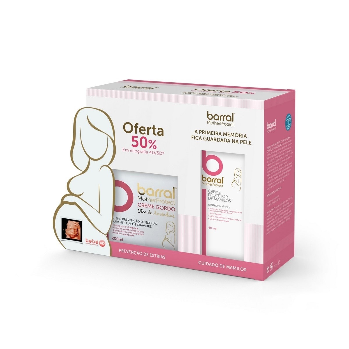 Kit Creme Gordo Óleo de Amêndoas 200ml + Creme Protetor de Mamilos 40ml Oferta 50% Desconto Eco 4D/5D Barral MotherProtect 1