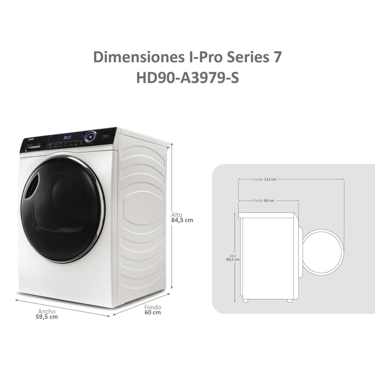 Secadora Haier 9 kg Condensación, Bomba de calor, I-Pro Series 7 - HD90-A3979-S Blanco-2