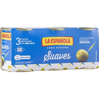 aceitunas rellenas de anchoa suaves 35% menos de sal pack 3 latas 50 g neto escurrido - La Española