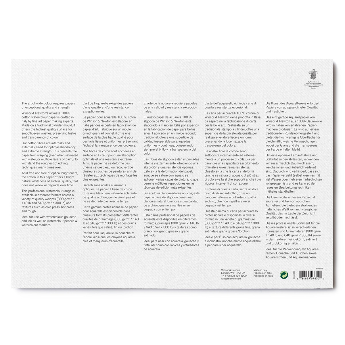 Bloc Acuarela Grano Fino 300 Gramos 26x36 Winsor&Newton 5