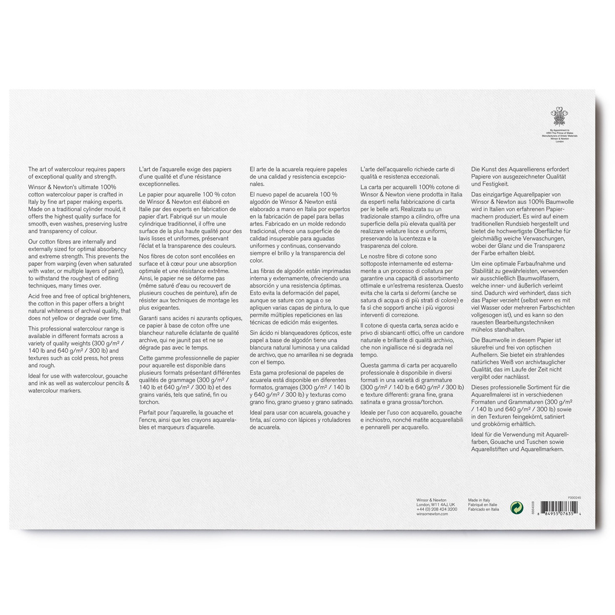 Bloc Acuarela Grano Satinado 300 Gramos 31x41 Winsor&Newton 5